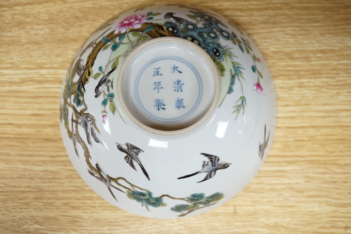 A Chinese famille rose bowl enamelled with birds and flowers, 15cm in diameter